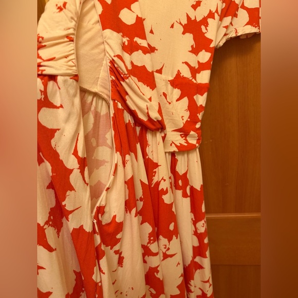 MAEVE Anthropologie Summer Breeze Dress S Orange/White Rayon Knit Ruched Waist - Picture 11 of 15